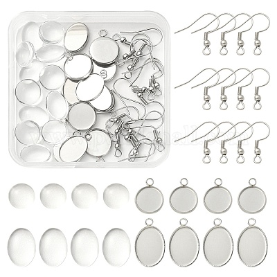 DIY Blank Dome Dangle Earrings Making Kit, Including 304 Stainless Steel  Flat Round Pendant Cabochon Settings & Earring Hooks, Glass Cabochons,  Stainless Steel Color, 39Pcs/box