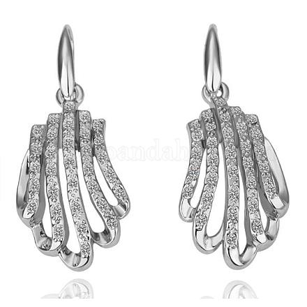 Real Platinum Plated Filigree Shell Tin Alloy Czech Rhinestone Dangle Earrings EJEW-BB10043-1