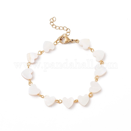Bracelet chaîne à maillons coeur coquillage naturel BJEW-C015-03G-1