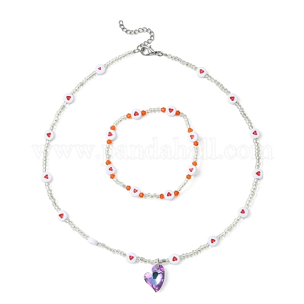 Bracelet extensible en perles de coeur en acrylique et en verre et collier pendentif SJEW-JS01282-1