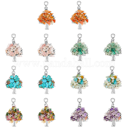 SUPERFINDINGS 28Pcs Alloy Tree of Life Pendants 7 Styles European Dangle Charms Chakra Stones Pendants Natural Gemstones Chip Beads for Necklace Bracelet Jewelry Making G-FH0001-81-1