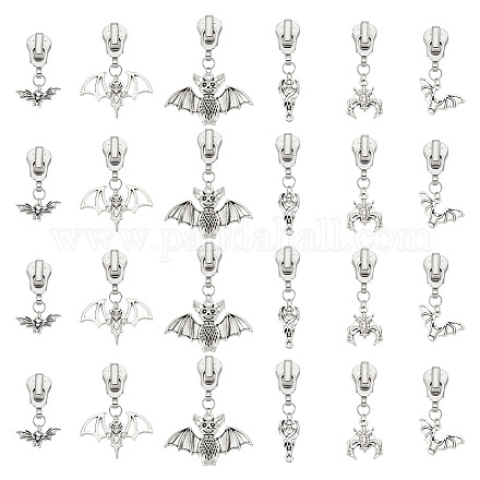 OLYCRAFT 24pcs 6 Styles Zipper Pulls Replacement Zipper Sliders Halloween Bat Theme Zippers Alloy Zipper Repair Accessories for Clothing Coats Jacket Luggages Purses Bags - Antique Silver PALLOY-PH01591-09-1
