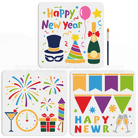 3pcs Happy New Year Fireworks Stencil Christmas Fireworks Templates 11.8×11.8inch with Paint Brush Reusable Party Theme Painting Stencils for Crafts and Home Decor DIY-MA0002-57-1