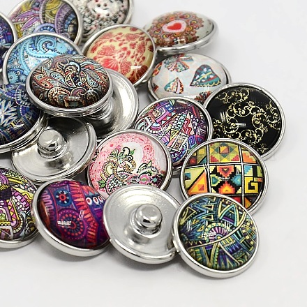 Platinum Plated Brass Glass Flat Round with Abstraction Painting Jewelry Snap Buttons SNAP-M023-A-M-1