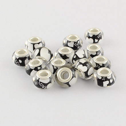 Large Hole Heart Pattern Resin European Beads with Silver Color Plated Brass Double Cores OPDL-R113-01C-1