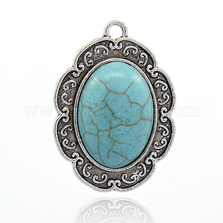 Antique Silver Tone Alloy Synthetic Turquoise Oval Pendants PALLOY-J482-02AS-1
