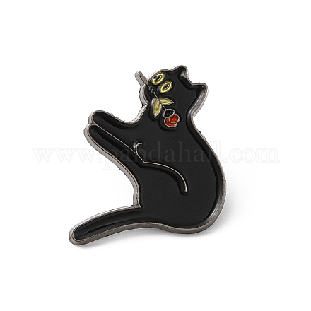 合金ブローチ  エナメルピン  バックパック用生地  バラを持つ猫  ブラック  29x24.5x1.5mm JEWB-D014-09B-02-1