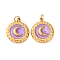 304 Stainless Steel Enamel Pendants, Flat Round with Moon Charm, with Jump Ring, Ion Plating(IP), Real 18K Gold Plated, Medium Purple, 16.5x14x2.5mm, Hole: 2.5mm