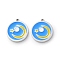 304 Stainless Steel Enamel Charms, Flat Round with Moon Charm, Stainless Steel Color, Dodger Blue, 14x13x1.5mm, Hole: 1mm