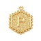 Brass Pendants, Hexagon Letter Charms, Letter P, 20x16x2.5mm, Hole: 1.5mm