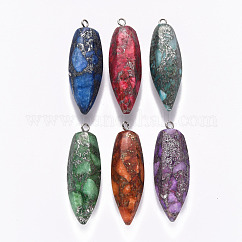 Larme à facettes assemblée régalite synthétique / jaspe impérial / jaspe de sédiments marins et grands pendentifs en pyrite naturelle, avec boucle en fer, teinte, platine, couleur mixte, 60~62x20~21.5x17~18.5mm, Trou: 3mm