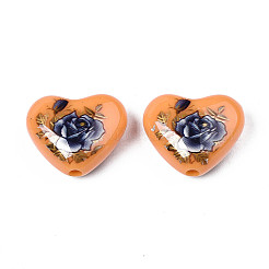 Perles cardiaques acryliques opaques de fleurs imprimés&nbsp;SACR-S305-28-J01