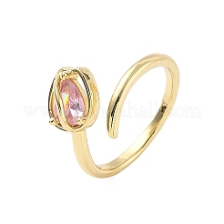 Manschettenringe aus Messing mit Mikropavé und Zirkonia in Blumenform für Damen&nbsp;RJEW-A069-05G-01