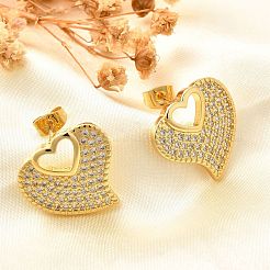 Orecchini a bottone da donna in ottone placcato a cremagliera con micro pavé di zirconi cubici trasparenti&nbsp;EJEW-C125-06A-G
