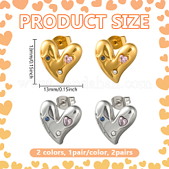 2 paio di orecchini a bottone a forma di cuore in acciaio inossidabile di 2 colori&nbsp;EJEW-GO0002-12