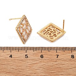 Pendientes de botón con micro pavé de latón y circonita cúbica transparente en forma de rombo para mujer&nbsp;EJEW-G428-05G