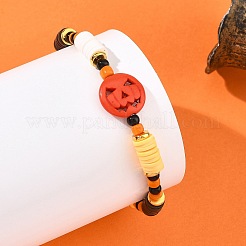 Pulseras elásticas con cuentas de heishi de arcilla polimérica y calabaza sintética teñida de color turquesa para Halloween&nbsp;BJEW-TA00770