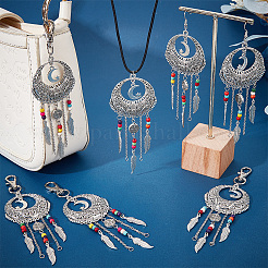 8 pezzo di rete/ragnatela intrecciata con decorazioni pendenti in lega in stile tibetano con piume&nbsp;HJEW-NB0001-89