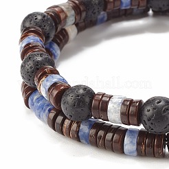 2 Stück 2 Stil natürliche Kokosnuss & Blue Spot Jaspis & Lavagestein Perlen Stretch-Armbänder Set&nbsp;BJEW-JB07944