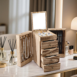 Cajas organizadoras de joyas de madera de gran capacidad de múltiples capas con espejo y 4 cajón&nbsp;CON-WH0117-02