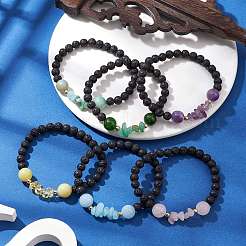 5 set di braccialetti elastici con perline rotonde in pietra preziosa naturale per donna&nbsp;BJEW-JB10981