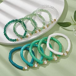 Set di 10 disco di argilla polimerica e braccialetti elasticizzati con perline di vetro e ottone&nbsp;BJEW-JB09676-04