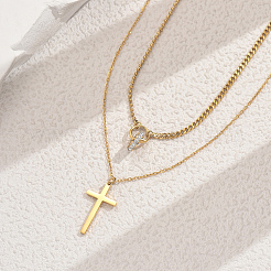 Collane a doppio strato con ciondolo a croce in cristallo e strass in acciaio inossidabile per donna&nbsp;BW9176