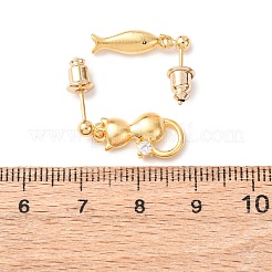 Ohrstecker aus Messing in Katzenform und Fischform mit Mikropavé und klaren Zirkonia&nbsp;EJEW-F401-01G