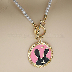 Colliers de Pâques en alliage émaillé plat rond avec pendentif lapin et perles d'imitation blanches rondes&nbsp;FS-WG9ECA9-01
