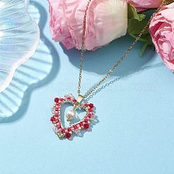Perline di vetro e collane con ciondolo a forma di cuore di perle di conchiglia&nbsp;NJEW-MZ00042