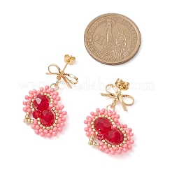 Boucles d'oreilles à tige en forme de cœur avec perles de verre faites à la main&nbsp;EJEW-MZ00291-01