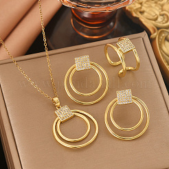 Quadrat & Ring 304 Edelstahl Kristall Strass Anhänger Halsketten & Ohrstecker & Ringe Sets&nbsp;FS-WGD6262-01