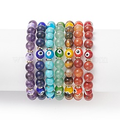 7 pièces 7 bracelets extensibles en pierre mélangée naturelle et synthétique de style sertis de perles de mauvais œil au chalumeau&nbsp;BJEW-JB08771