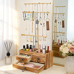 Présentoir à bijoux tour en fer à un niveau avec barre en T et 3 tiroirs en bois&nbsp;ODIS-WH0038-322