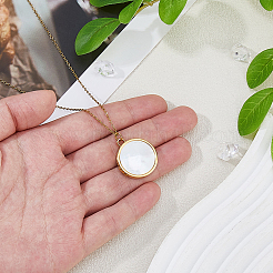 Collier avec pendentif en forme de médaillon en coquillage blanc naturel en acier inoxydable pour femme&nbsp;NJEW-HS0001-12B