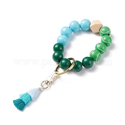 Llaveros de pulseras elásticas de cuentas de madera natural redondas y poligonales&nbsp;KEYC-JKC00318