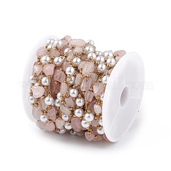 Pepita di quarzo rosa naturale e catena di perle di vetro imitazione perla&nbsp;CHS-C006-02D