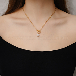 Collier minimaliste avec pendentif en perles d'imitation de riz et chaîne trombone en acier inoxydable pour un usage quotidien des femmes&nbsp;LS-OX8079-2