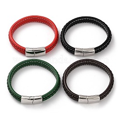 Bracelet cordon en cuir tressé de couleurs mélangées, avec fermoirs magnétiques en 304 acier inoxydable, couleur inoxydable, 8-1/2 pouce (21.5~21.7 cm)