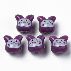 Abalorios de porcelana hechas a mano, famille estilo rosa, gato, púrpura, 11.5x12x10.5mm, agujero: 2 mm