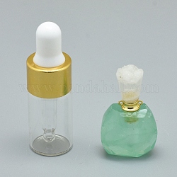 Подвески для флаконов духов из натурального хризопраза, с латунными находками и стеклянными бутылками с эфирным маслом, 30~36x18~20x9.5~16 мм, отверстие : 0.8 мм, Емкость стеклянной бутылки: 3 мл (0.101 жидких унции), Емкость драгоценного камня: 1 мл (0.03 жидких унции)