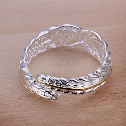 Romantici anelli di polsino in ottone regolabili con piume, anelli aperti per le donne, formato 6, colore argento placcato, 16.5mm