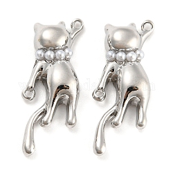 Alloy Connector Charms with ABS Plastic Imitation Pearl, Cat Shape Links, Platinum, 29.5x16.5x5mm, Hole: 1.2mm
