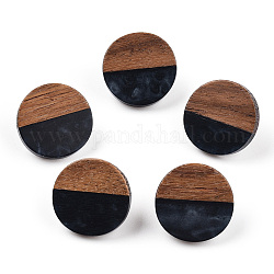 Плоские круглые серьги-гвоздики из смолы и орехового дерева с 304 штифтом из нержавеющей стали для женщин, чёрные, 18 мм, штифты : 0.7 мм