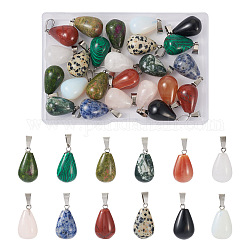 Fashewelry 24 pièces 12 styles pendentifs en pierres précieuses naturelles et synthétiques en forme de larme, avec les accessoires en laiton de tonalité de platine, 21~24x12~14mm, Trou: 2x7mm, 2 pièces / style