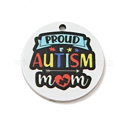 Sensibilisation à l'autisme thème 201 pendentifs en acier inoxydable, plat rond, couleur inoxydable, mot, 25x1mm, Trou: 1.8mm