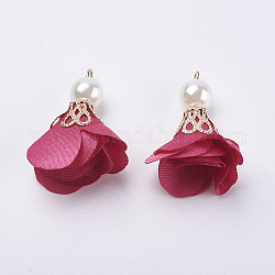 Décorations de pendentif en nylon, avec les accessoires en fer, Et perles de perles acryliques, fleur, or clair, magenta, 30x27mm, Trou: 2mm