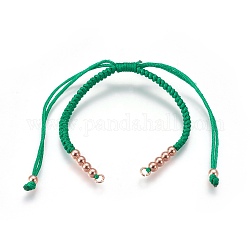 Nylon Cord Braided Bead Bracelets Making, with Brass Beads, Long-Lasting Plated, Real Rose Gold Plated, Green, 10-1/4 inch~11-5/8 inch(26~29.6cm)