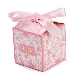 結婚式のテーマ折りたたみギフトボックス  花と言葉のある正方形はあなたとリボンへの贈り物を願っています  キャンディークッキー包装用  ピンク  7x7x8.3cm
