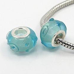 Lampwork European Large Hole Beads for Jewelry Making, with Silver Color Brass Core, Rondelle, Cyan, 12~14mm in diameter, hole: 4~5mm